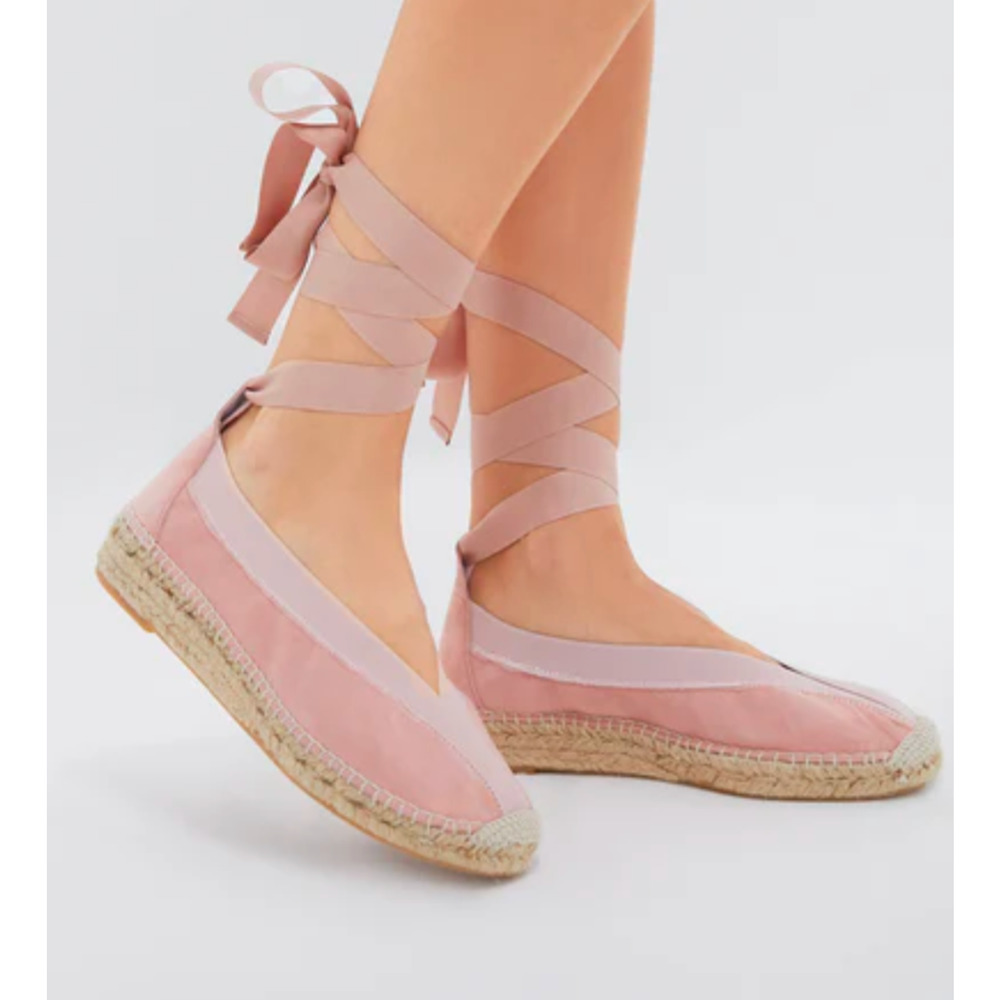 Tuckernuck Jade Pink Lace Up Espadrille Flats Ribbon Tie Size 9